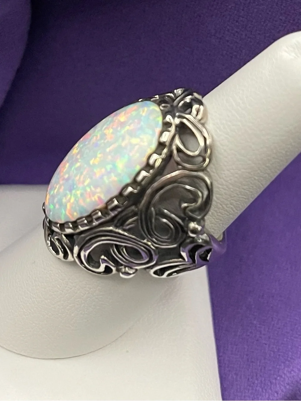 VTG .925 SS Elegant Elongated Openwork Synthetic Opal Ring sz 7.5   9.84 g